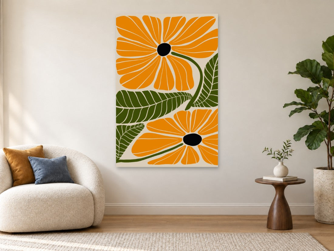 Narandžasti cvjetovi sa zelenim listovima — Premium 90 × 135 cm, prikaz slike na zidu u enterijeru.
