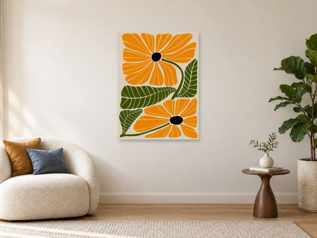 Narandžasti cvjetovi sa zelenim listovima — Velika 75 × 100 cm, prikaz slike na zidu u enterijeru.