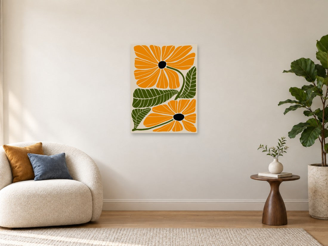 Narandžasti cvjetovi sa zelenim listovima — Srednja 60 × 80 cm, prikaz slike na zidu u enterijeru.
