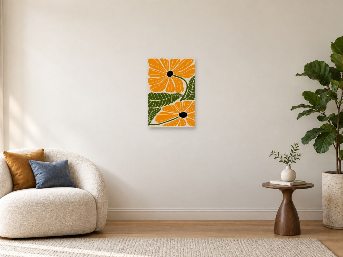 Narandžasti cvjetovi sa zelenim listovima — Mala 40 × 60 cm, prikaz slike na zidu u enterijeru.