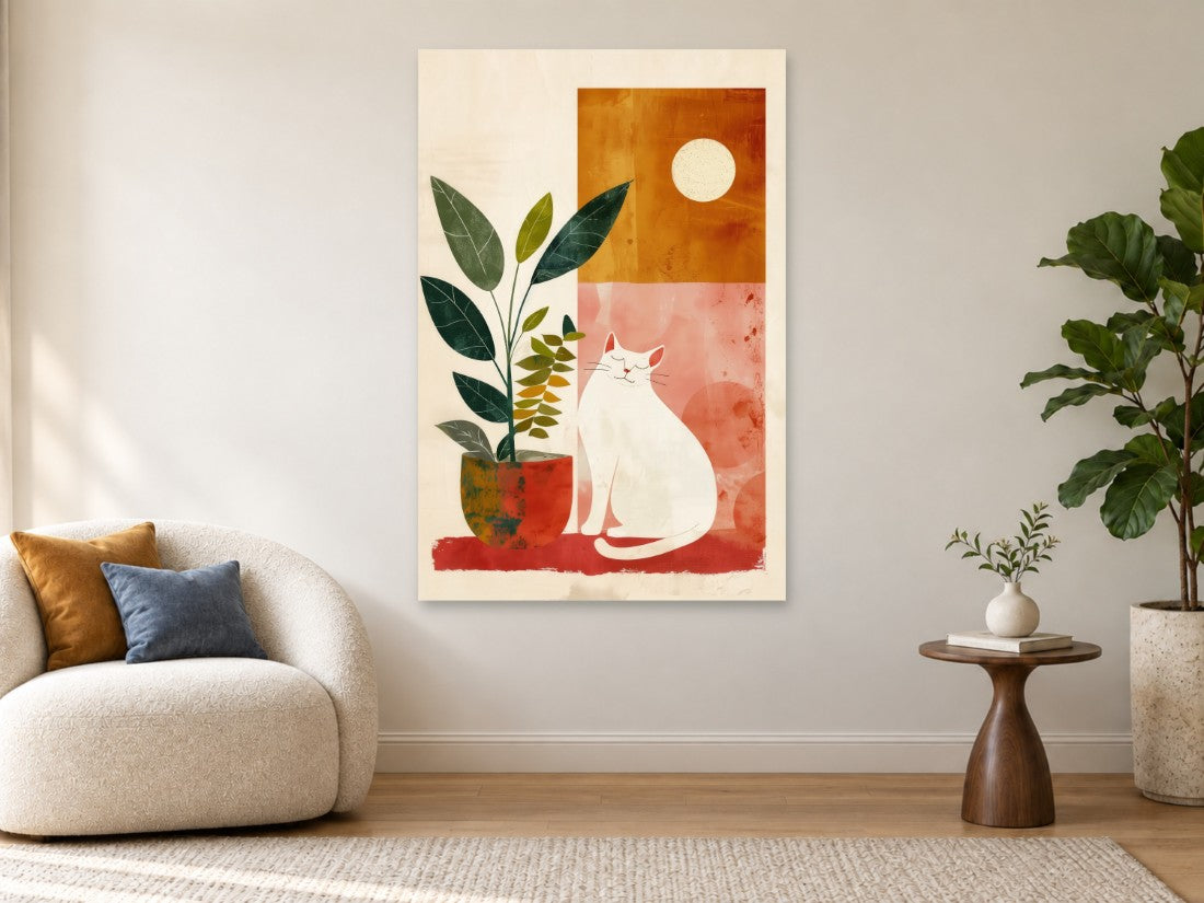 Bijela mačka uz biljku i sunce u toplim bojama — Premium 90 × 135 cm, prikaz slike na zidu u enterijeru.