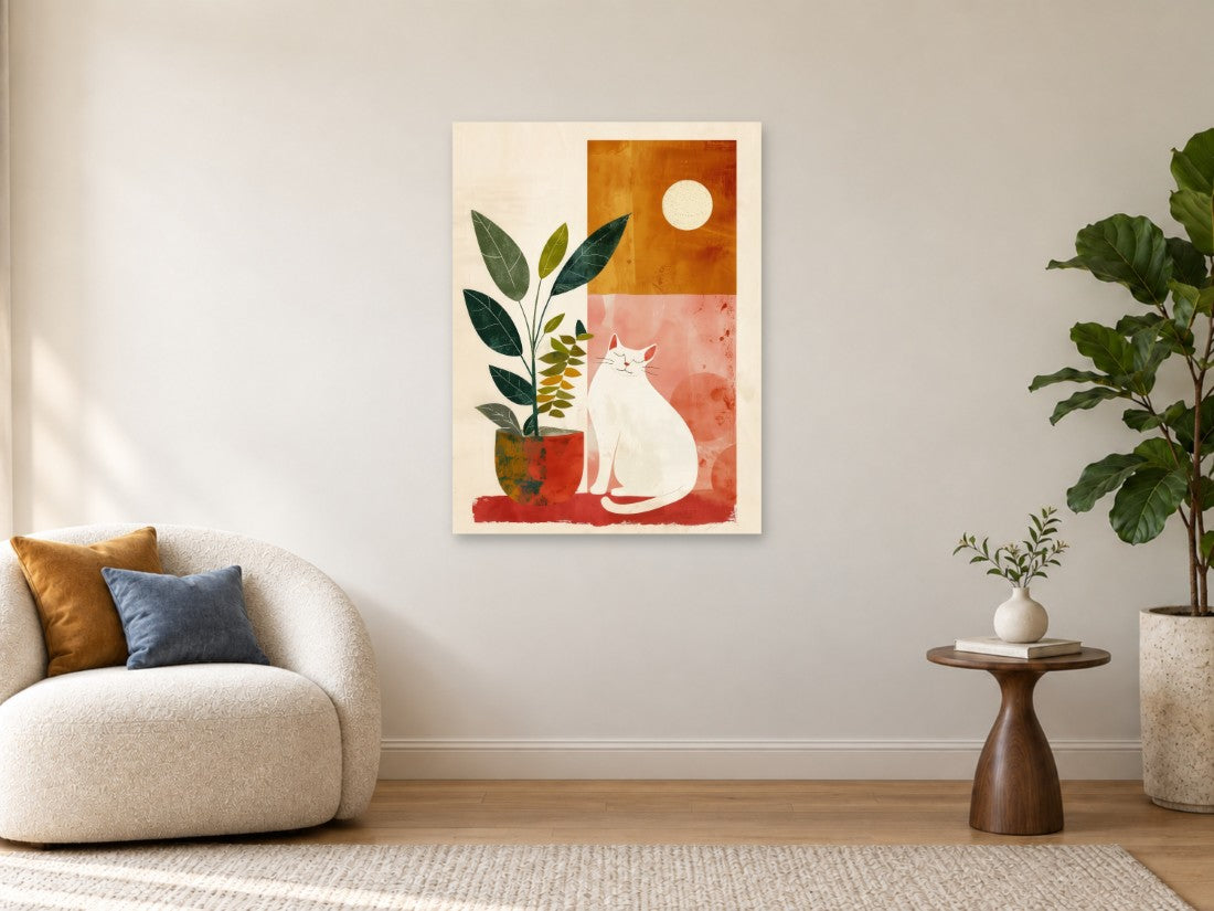 Bijela mačka uz biljku i sunce u toplim bojama — Velika 75 × 100 cm, prikaz slike na zidu u enterijeru.