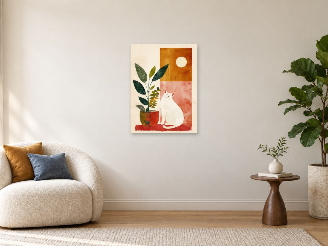 Bijela mačka uz biljku i sunce u toplim bojama — Srednja 60 × 80 cm, prikaz slike na zidu u enterijeru.