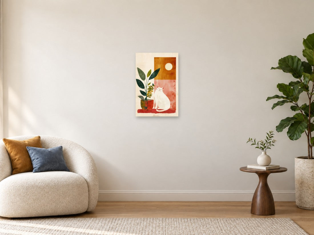 Bijela mačka uz biljku i sunce u toplim bojama — Mala 40 × 60 cm, prikaz slike na zidu u enterijeru.
