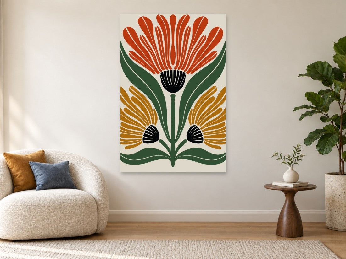 Crveni i žuti cvjetovi sa zelenim stabljikama — Premium 90 × 135 cm, prikaz slike na zidu u enterijeru.