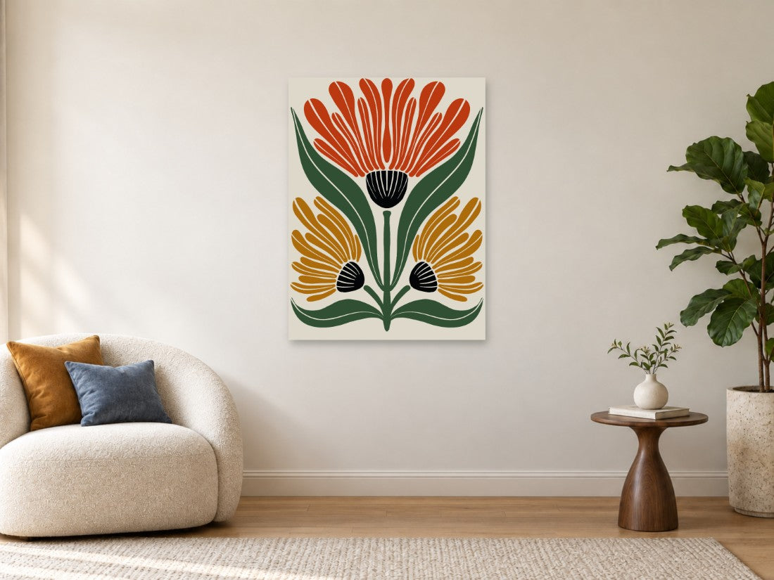 Crveni i žuti cvjetovi sa zelenim stabljikama — Velika 75 × 100 cm, prikaz slike na zidu u enterijeru.