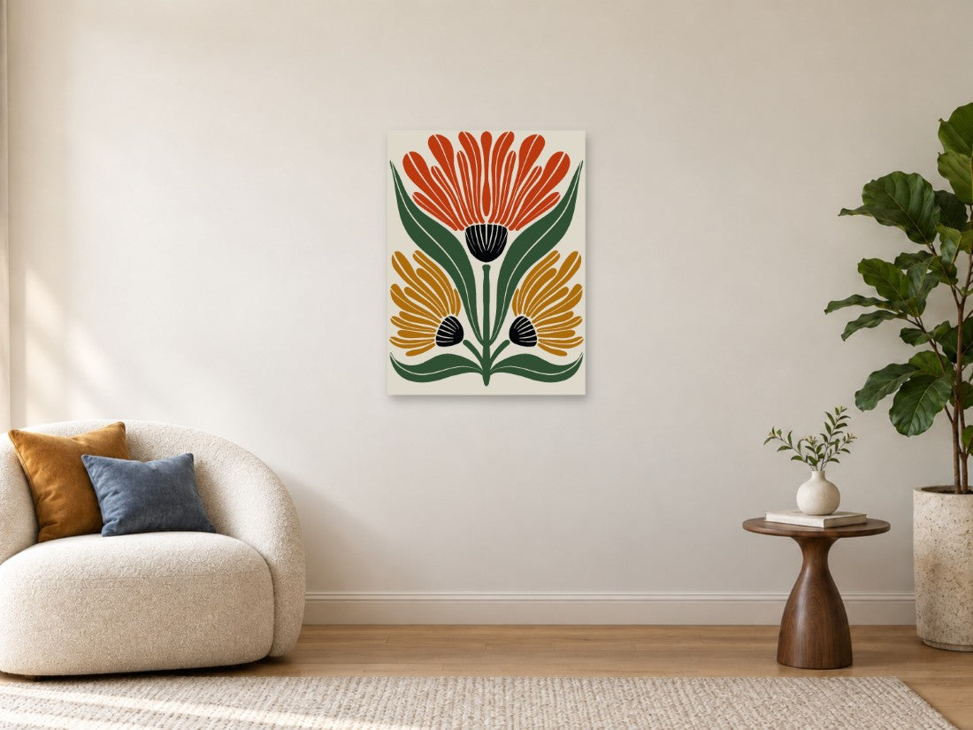 Crveni i žuti cvjetovi sa zelenim stabljikama — Srednja 60 × 80 cm, prikaz slike na zidu u enterijeru.