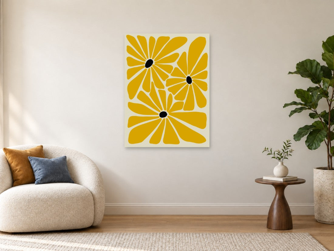 Žuti cvjetovi s crnim središtima i bijelim linijama — Velika 75 × 100 cm, prikaz slike na zidu u enterijeru.