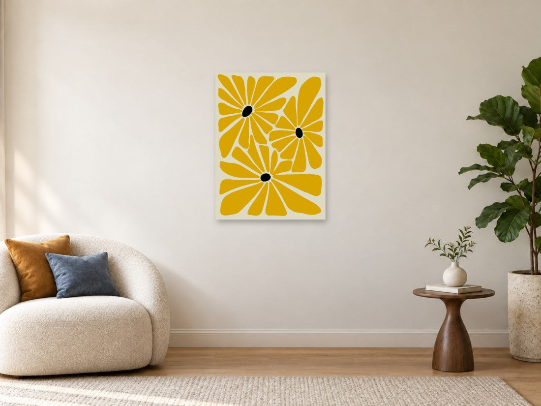 Žuti cvjetovi s crnim središtima i bijelim linijama — Srednja 60 × 80 cm, prikaz slike na zidu u enterijeru.