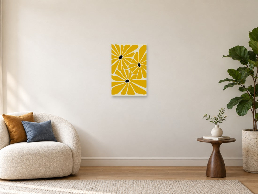 Žuti cvjetovi s crnim središtima i bijelim linijama — Mala 40 × 60 cm, prikaz slike na zidu u enterijeru.