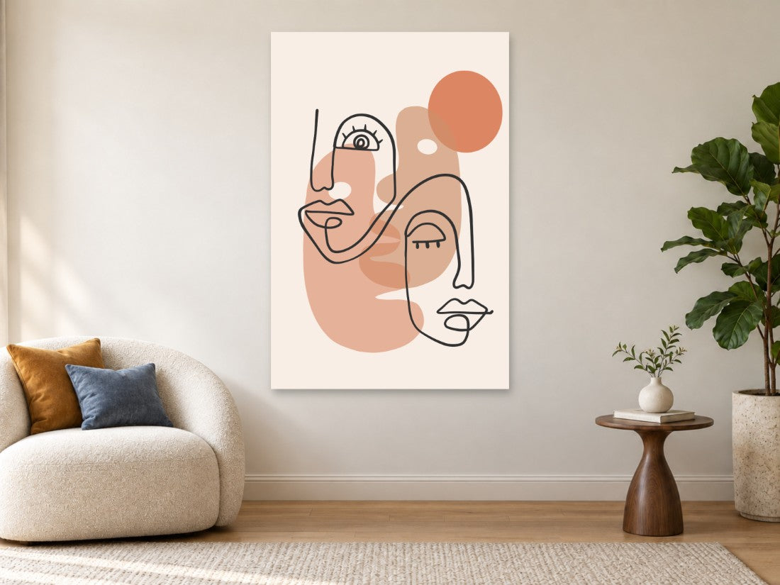 Dva linijska lica preko nježnih ružičastih ploha — Premium 90 × 135 cm, prikaz slike na zidu u enterijeru.
