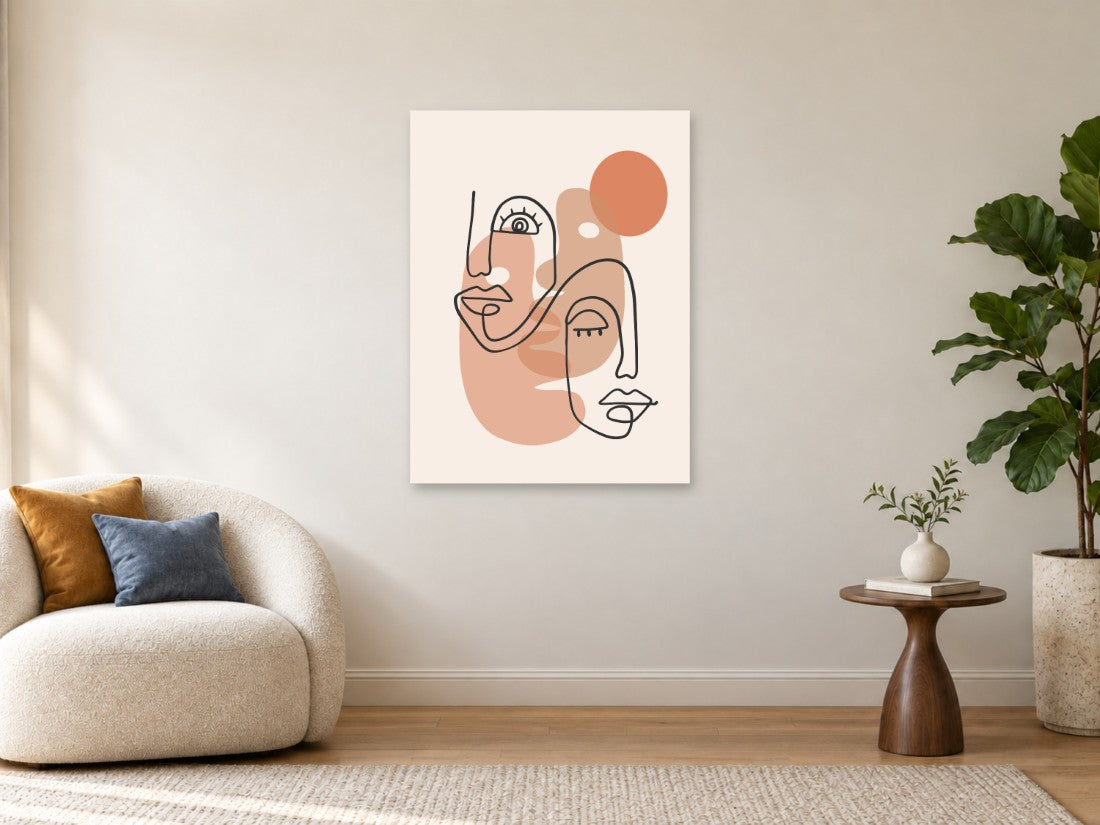 Dva linijska lica preko nježnih ružičastih ploha — Velika 75 × 100 cm, prikaz slike na zidu u enterijeru.
