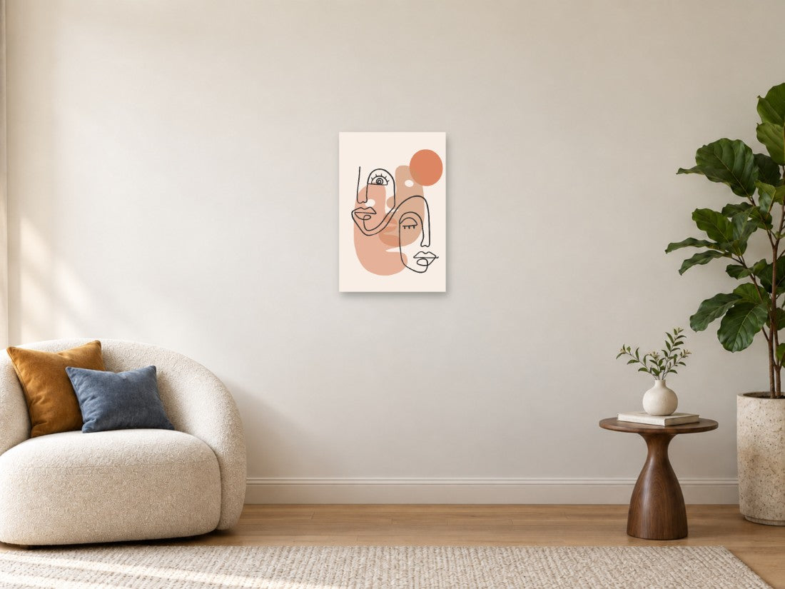 Dva linijska lica preko nježnih ružičastih ploha — Mala 40 × 60 cm, prikaz slike na zidu u enterijeru.