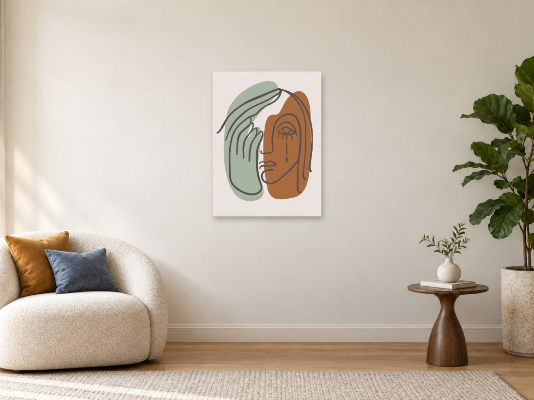 Linijski portret sa zelenim i smeđim oblicima — Srednja 60 × 80 cm, prikaz slike na zidu u enterijeru.