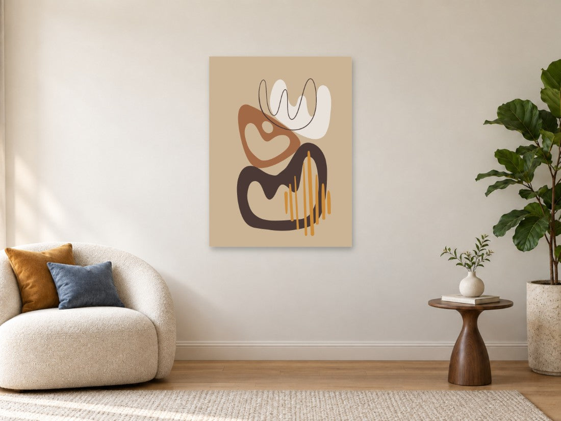 Organski oblici i oker linije na bež podlozi — Velika 75 × 100 cm, prikaz slike na zidu u enterijeru.