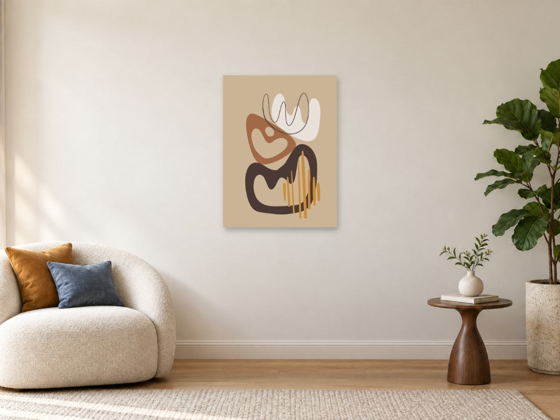 Organski oblici i oker linije na bež podlozi — Srednja 60 × 80 cm, prikaz slike na zidu u enterijeru.