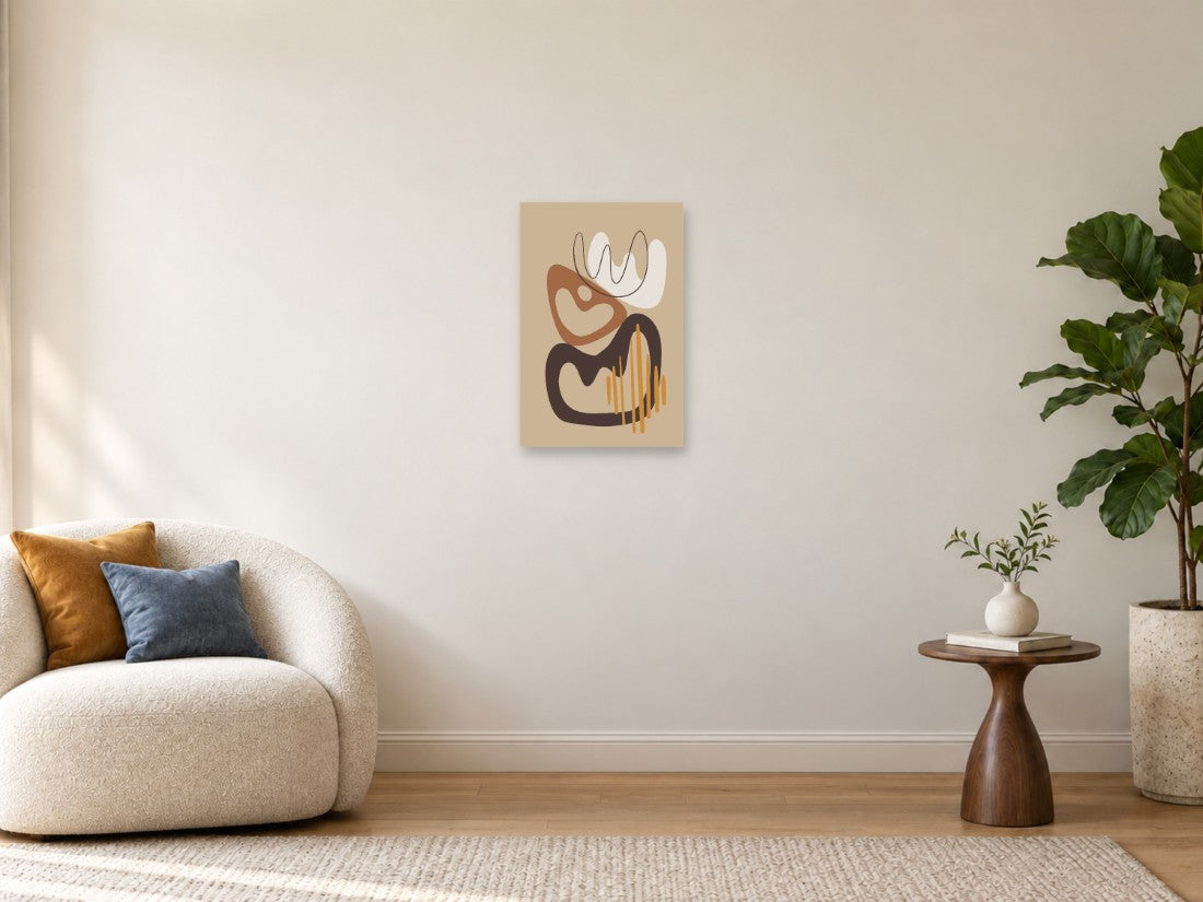 Organski oblici i oker linije na bež podlozi — Mala 40 × 60 cm, prikaz slike na zidu u enterijeru.