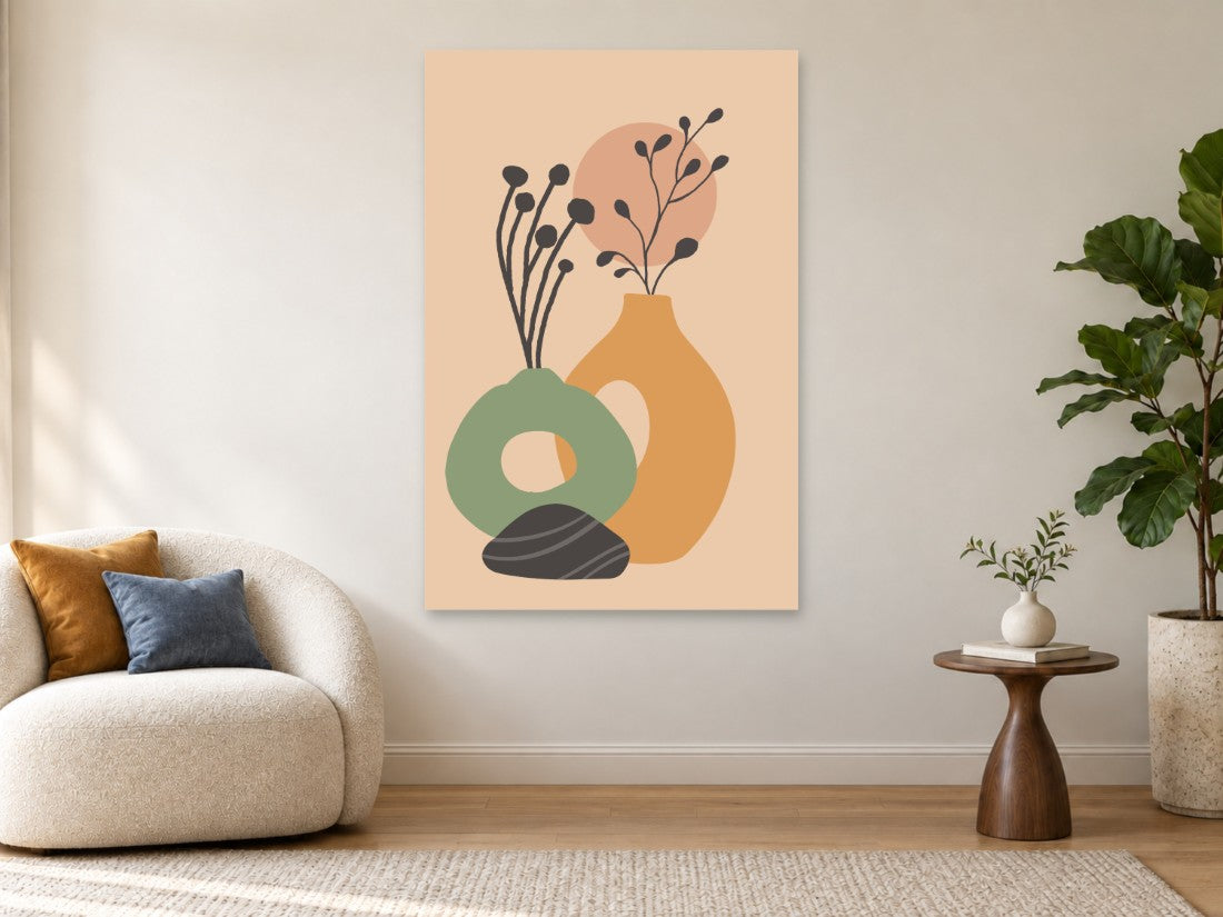 Zelene i oker vaze s nježnim tamnim grančicama — Premium 90 × 135 cm, prikaz slike na zidu u enterijeru.