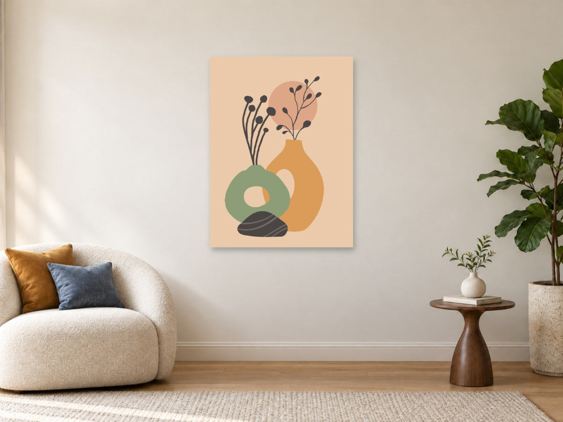 Zelene i oker vaze s nježnim tamnim grančicama — Velika 75 × 100 cm, prikaz slike na zidu u enterijeru.
