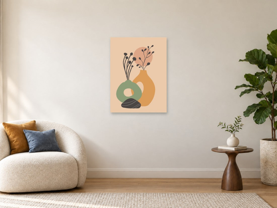 Zelene i oker vaze s nježnim tamnim grančicama — Srednja 60 × 80 cm, prikaz slike na zidu u enterijeru.