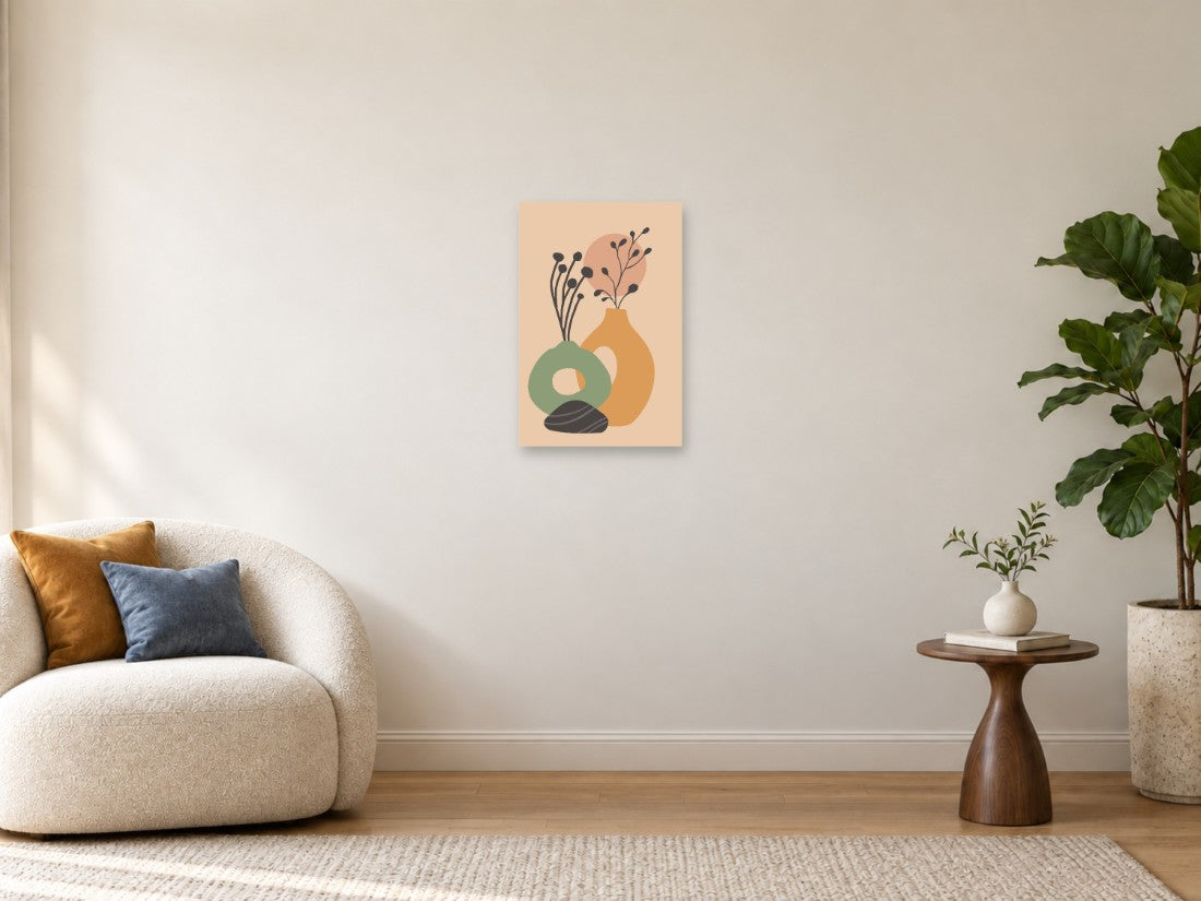 Zelene i oker vaze s nježnim tamnim grančicama — Mala 40 × 60 cm, prikaz slike na zidu u enterijeru.