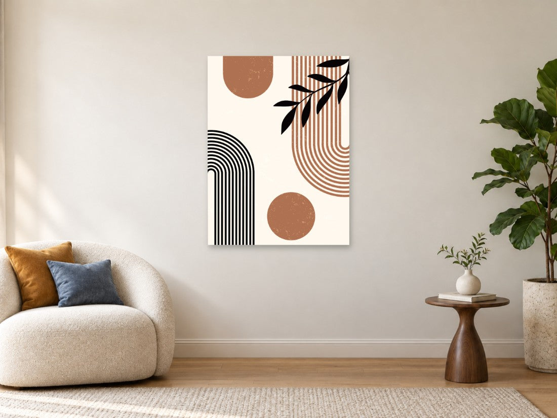 Crna grančica uz smeđe krugove i linearne lukove — Velika 75 × 100 cm, prikaz slike na zidu u enterijeru.
