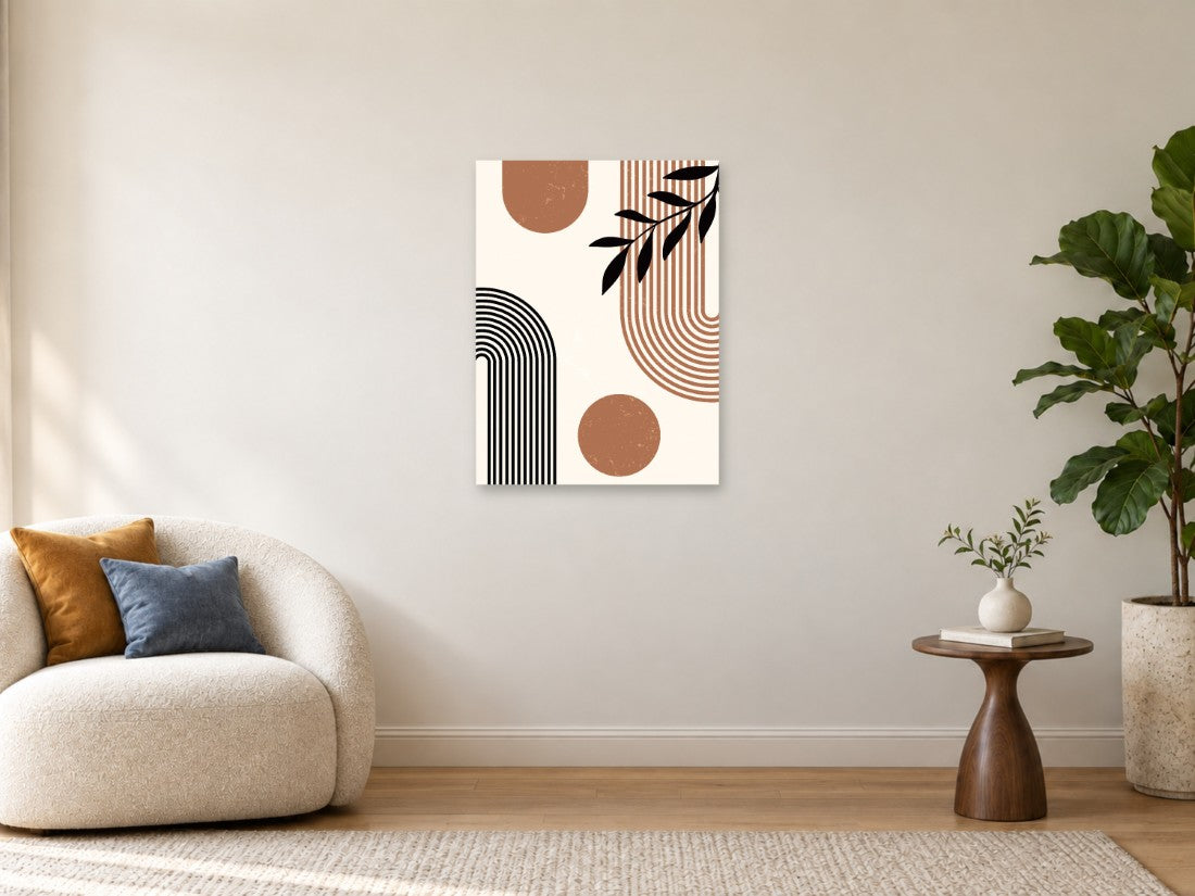 Crna grančica uz smeđe krugove i linearne lukove — Srednja 60 × 80 cm, prikaz slike na zidu u enterijeru.