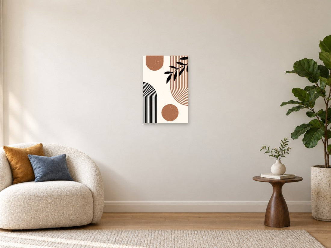Crna grančica uz smeđe krugove i linearne lukove — Mala 40 × 60 cm, prikaz slike na zidu u enterijeru.