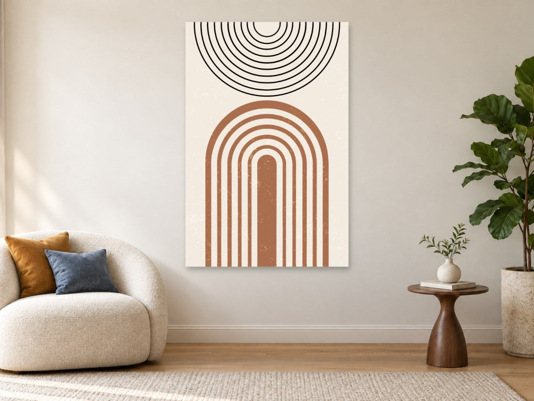 Crni krugovi i smeđi luk na svijetloj podlozi — Premium 90 × 135 cm, prikaz slike na zidu u enterijeru.