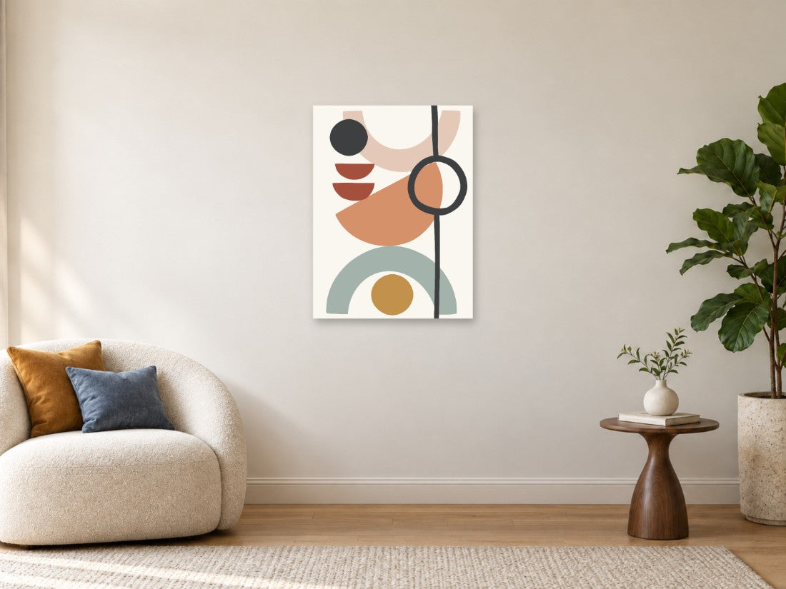 Krugovi i lukovi u terakota, zelenim i oker tonovima — Srednja 60 × 80 cm, prikaz slike na zidu u enterijeru.