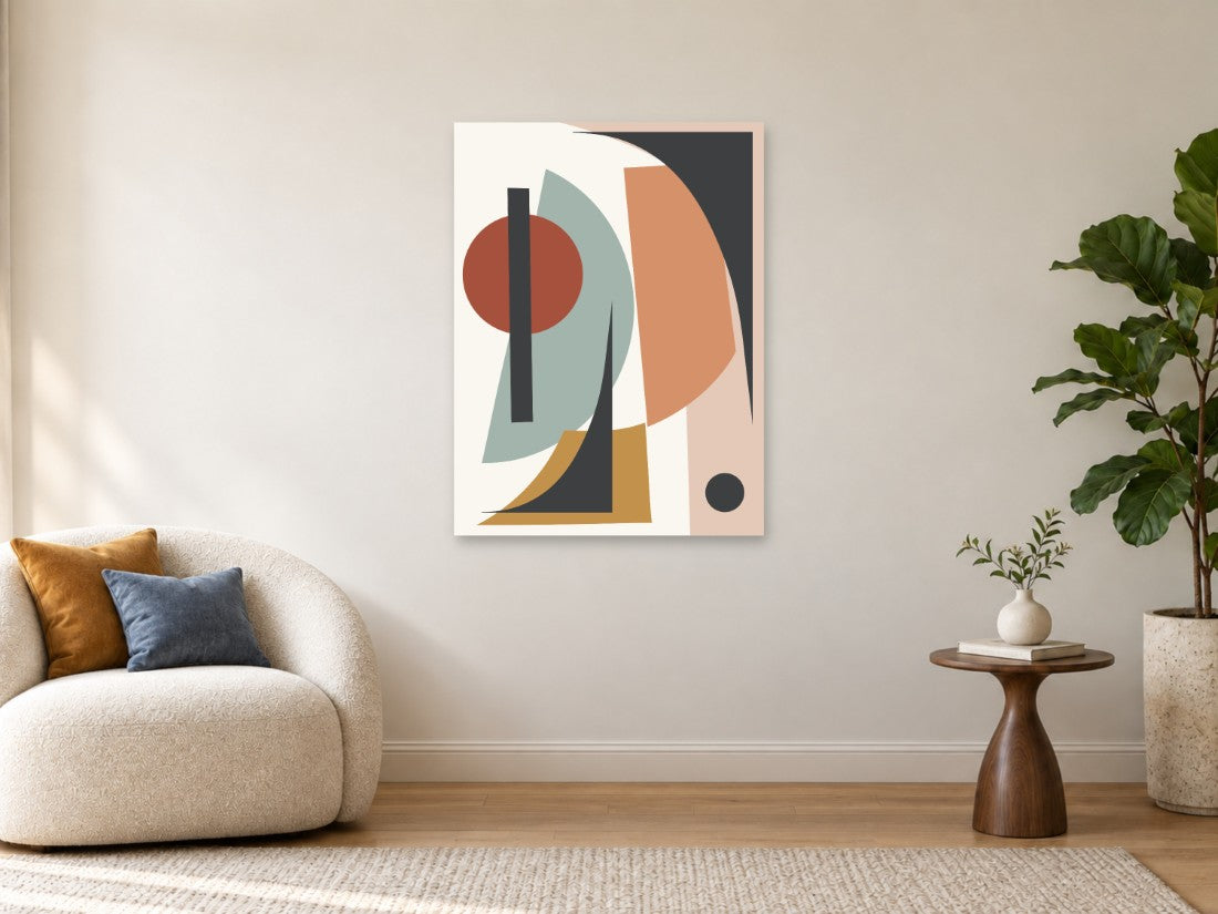 Crveni krug i zelene krivulje među tamnim plohama — Velika 75 × 100 cm, prikaz slike na zidu u enterijeru.