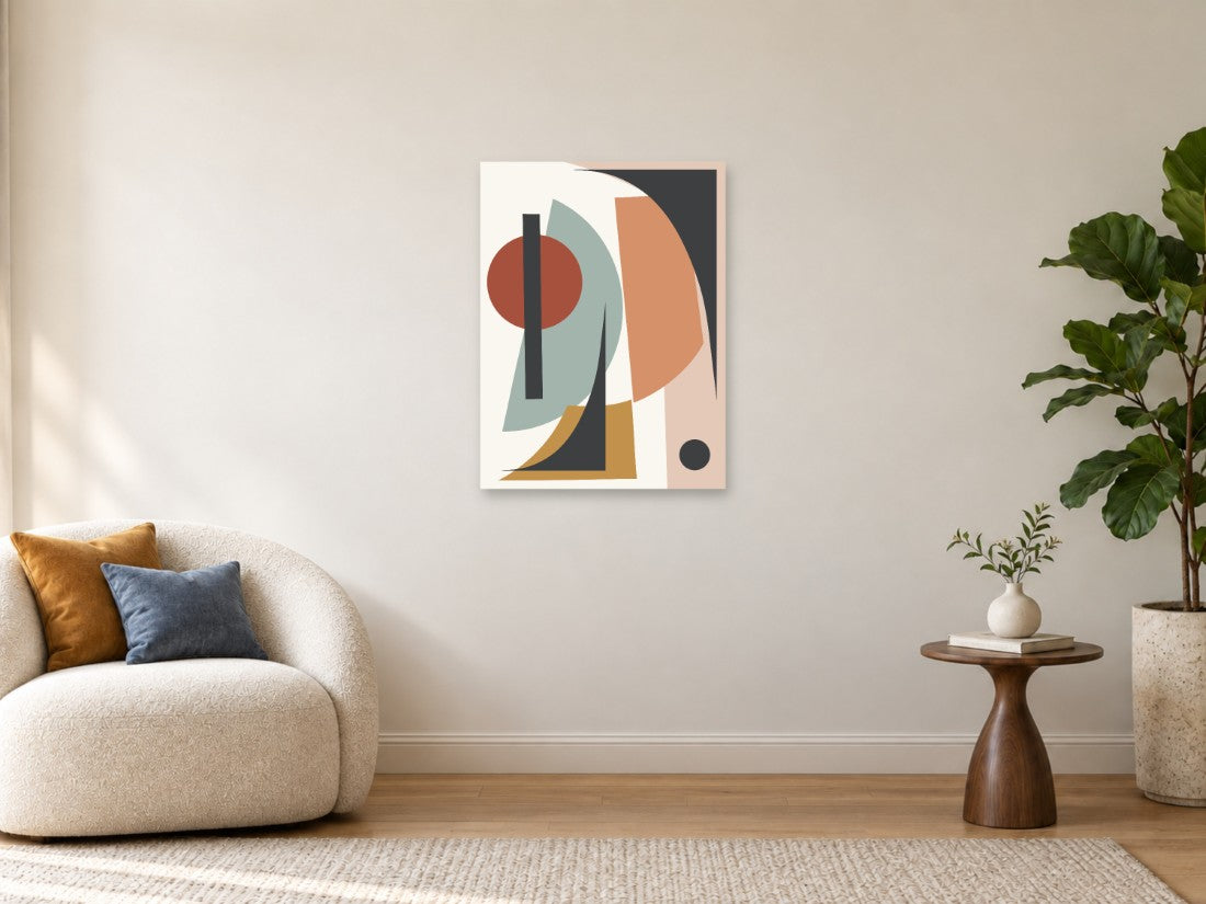 Crveni krug i zelene krivulje među tamnim plohama — Srednja 60 × 80 cm, prikaz slike na zidu u enterijeru.