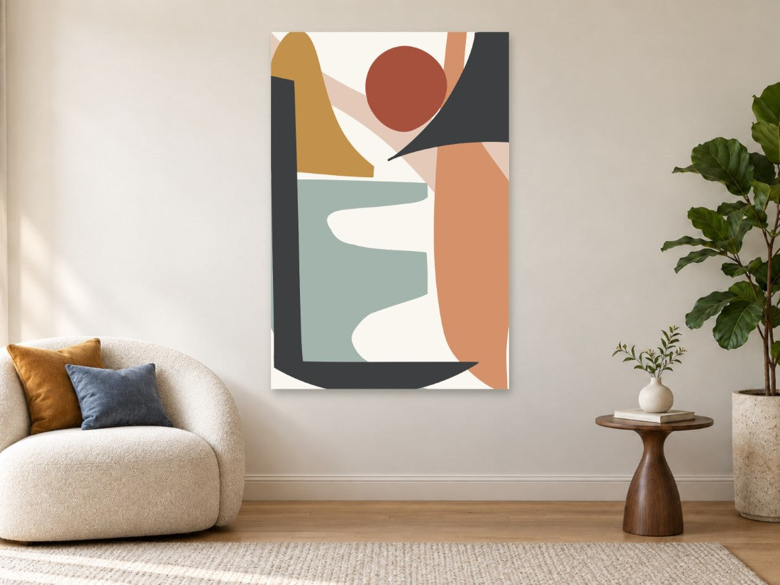 Zelene i terakota plohe s bijelom krivuljom — Premium 90 × 135 cm, prikaz slike na zidu u enterijeru.
