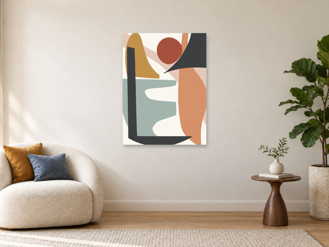 Zelene i terakota plohe s bijelom krivuljom — Velika 75 × 100 cm, prikaz slike na zidu u enterijeru.