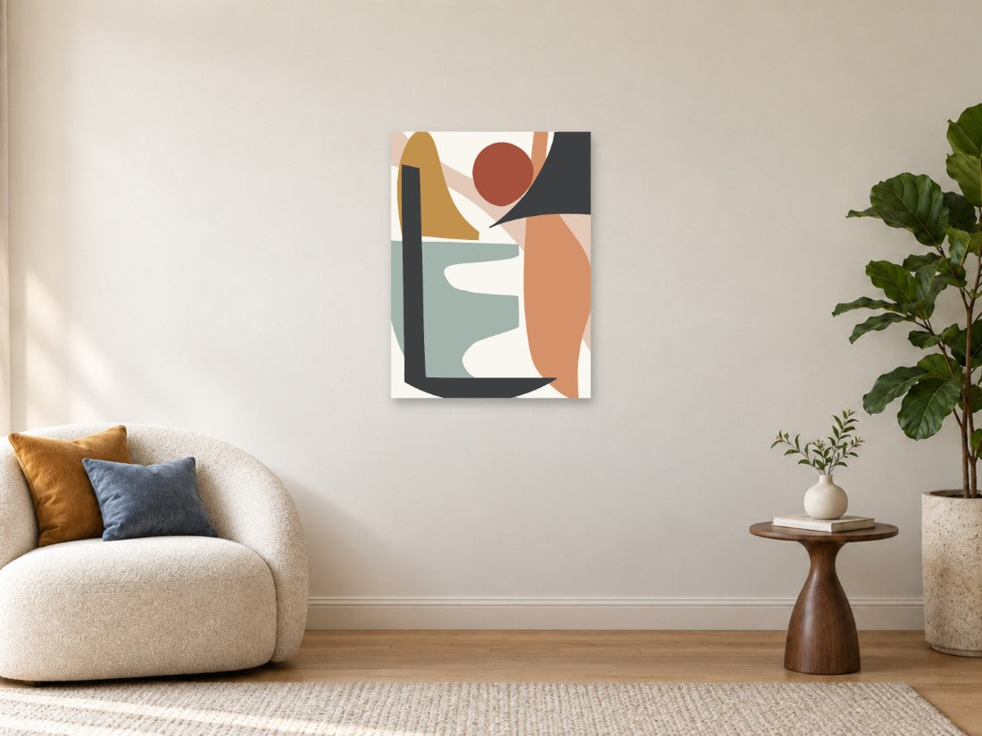 Zelene i terakota plohe s bijelom krivuljom — Srednja 60 × 80 cm, prikaz slike na zidu u enterijeru.