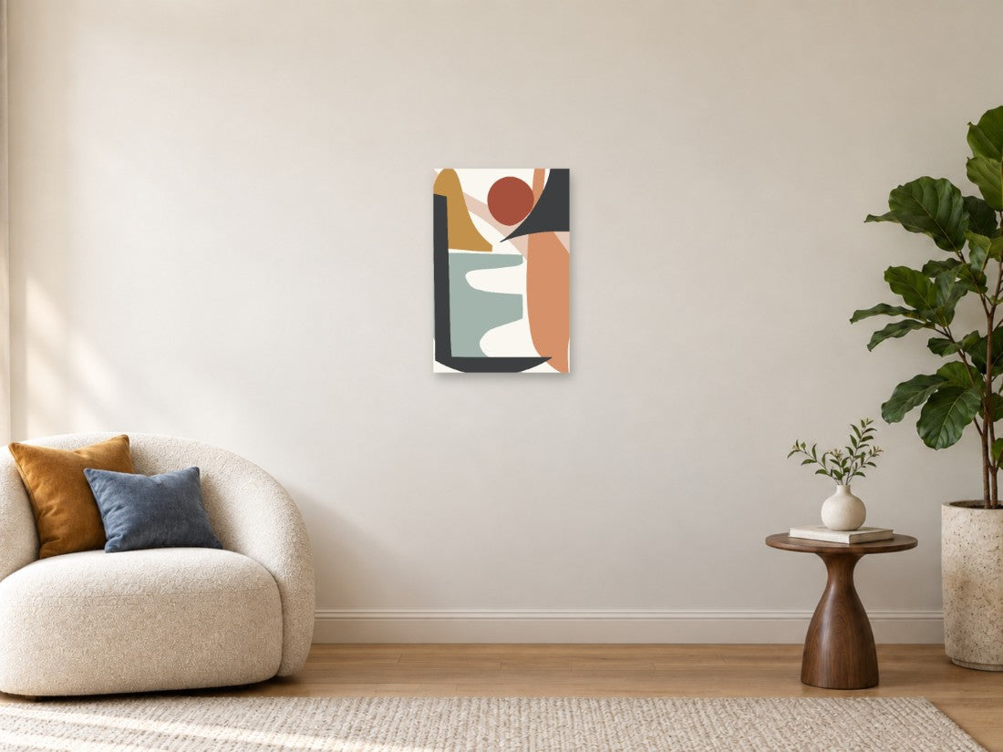 Zelene i terakota plohe s bijelom krivuljom — Mala 40 × 60 cm, prikaz slike na zidu u enterijeru.