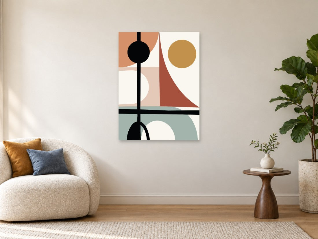 Crni i oker krugovi uz terakota geometriju — Velika 75 × 100 cm, prikaz slike na zidu u enterijeru.