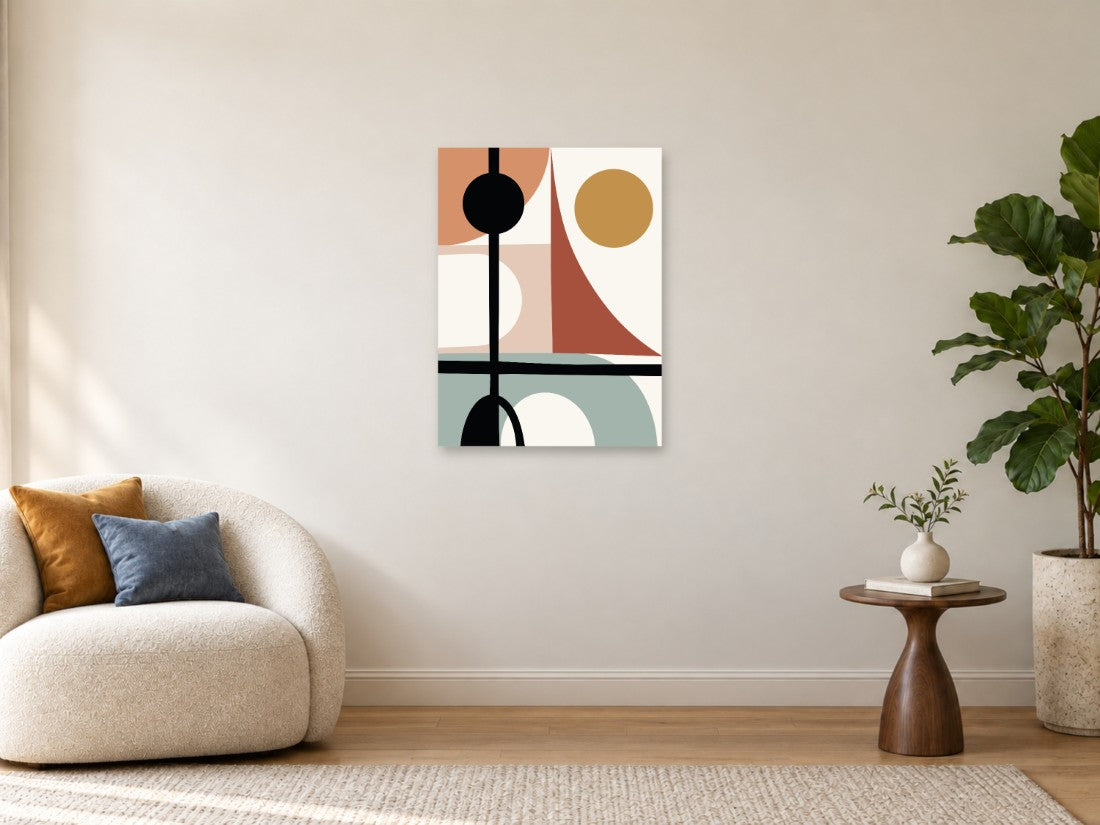 Crni i oker krugovi uz terakota geometriju — Srednja 60 × 80 cm, prikaz slike na zidu u enterijeru.