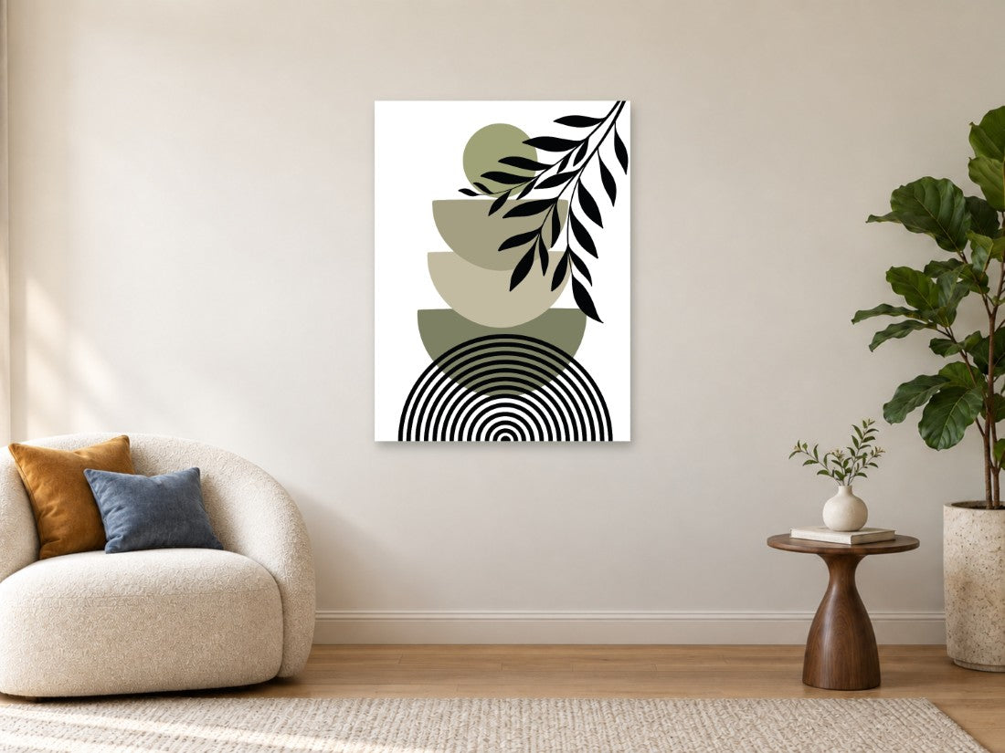Crna lisnata grana i maslinasti polukrugovi — Velika 75 × 100 cm, prikaz slike na zidu u enterijeru.