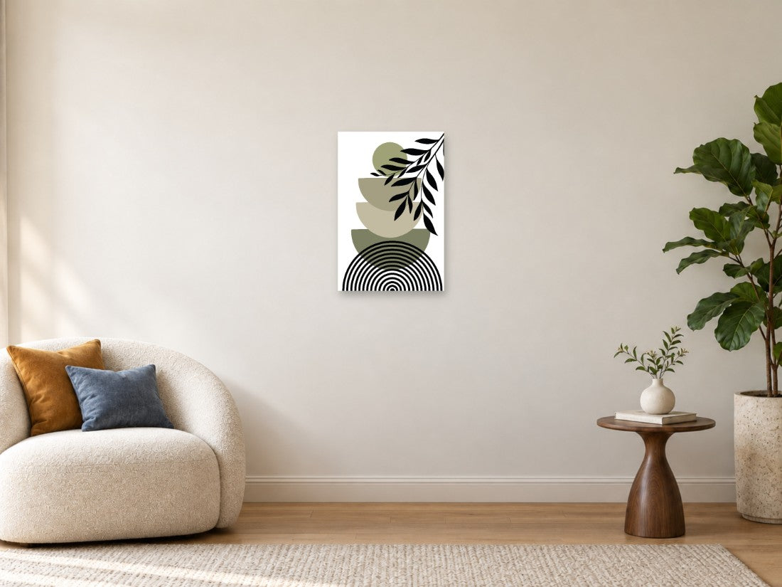 Crna lisnata grana i maslinasti polukrugovi — Mala 40 × 60 cm, prikaz slike na zidu u enterijeru.