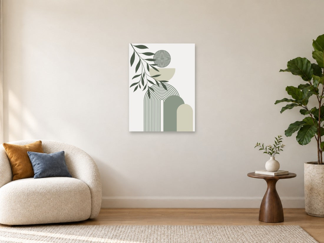 Zelena grana uz krugove i zaobljene lukove — Srednja 60 × 80 cm, prikaz slike na zidu u enterijeru.
