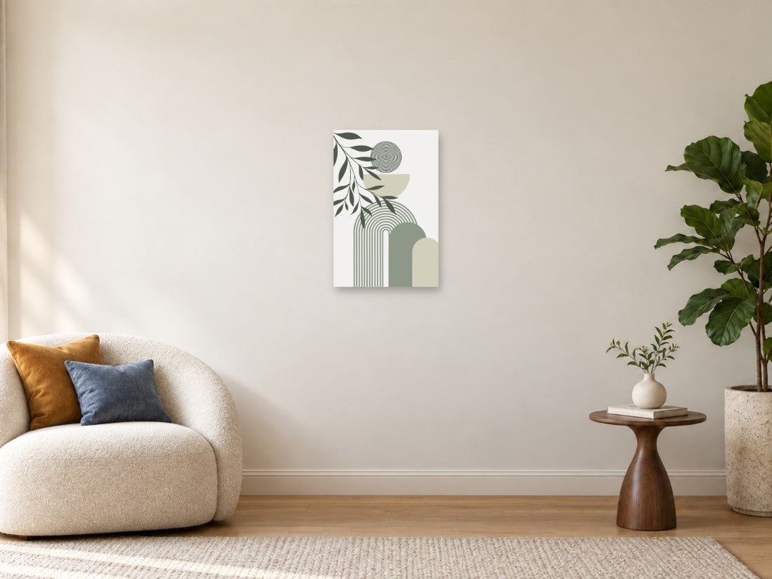 Zelena grana uz krugove i zaobljene lukove — Mala 40 × 60 cm, prikaz slike na zidu u enterijeru.