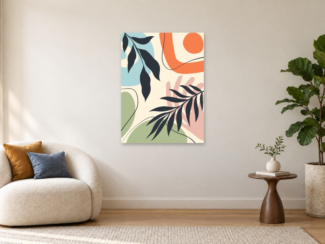 Tamno lišće preko raznobojnih pastelnih ploha — Velika 75 × 100 cm, prikaz slike na zidu u enterijeru.