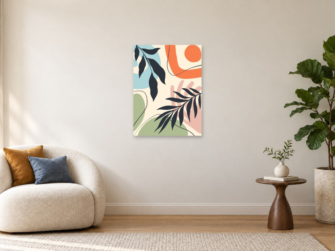 Tamno lišće preko raznobojnih pastelnih ploha — Srednja 60 × 80 cm, prikaz slike na zidu u enterijeru.