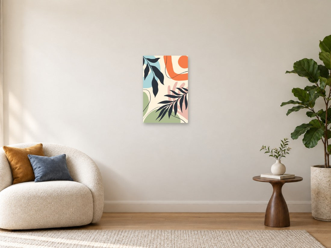 Tamno lišće preko raznobojnih pastelnih ploha — Mala 40 × 60 cm, prikaz slike na zidu u enterijeru.