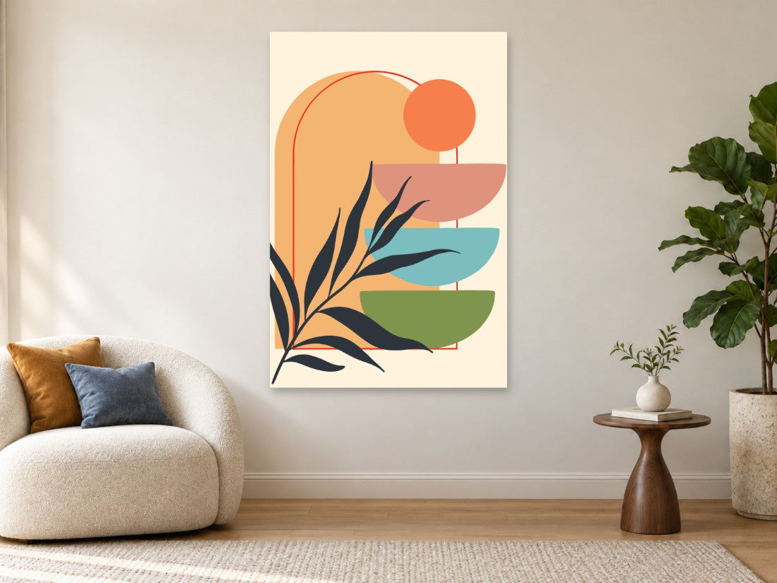 Tamna grana ispred narandžastog luka i oblih ploha — Premium 90 × 135 cm, prikaz slike na zidu u enterijeru.