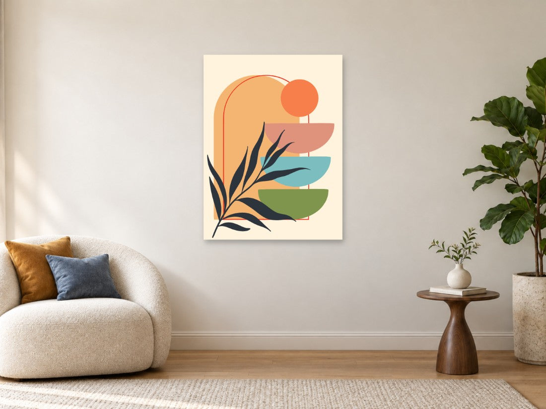 Tamna grana ispred narandžastog luka i oblih ploha — Velika 75 × 100 cm, prikaz slike na zidu u enterijeru.