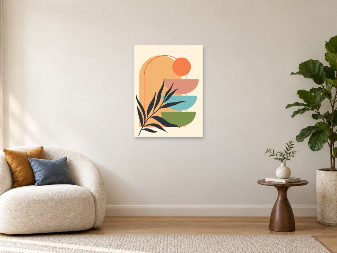 Tamna grana ispred narandžastog luka i oblih ploha — Srednja 60 × 80 cm, prikaz slike na zidu u enterijeru.