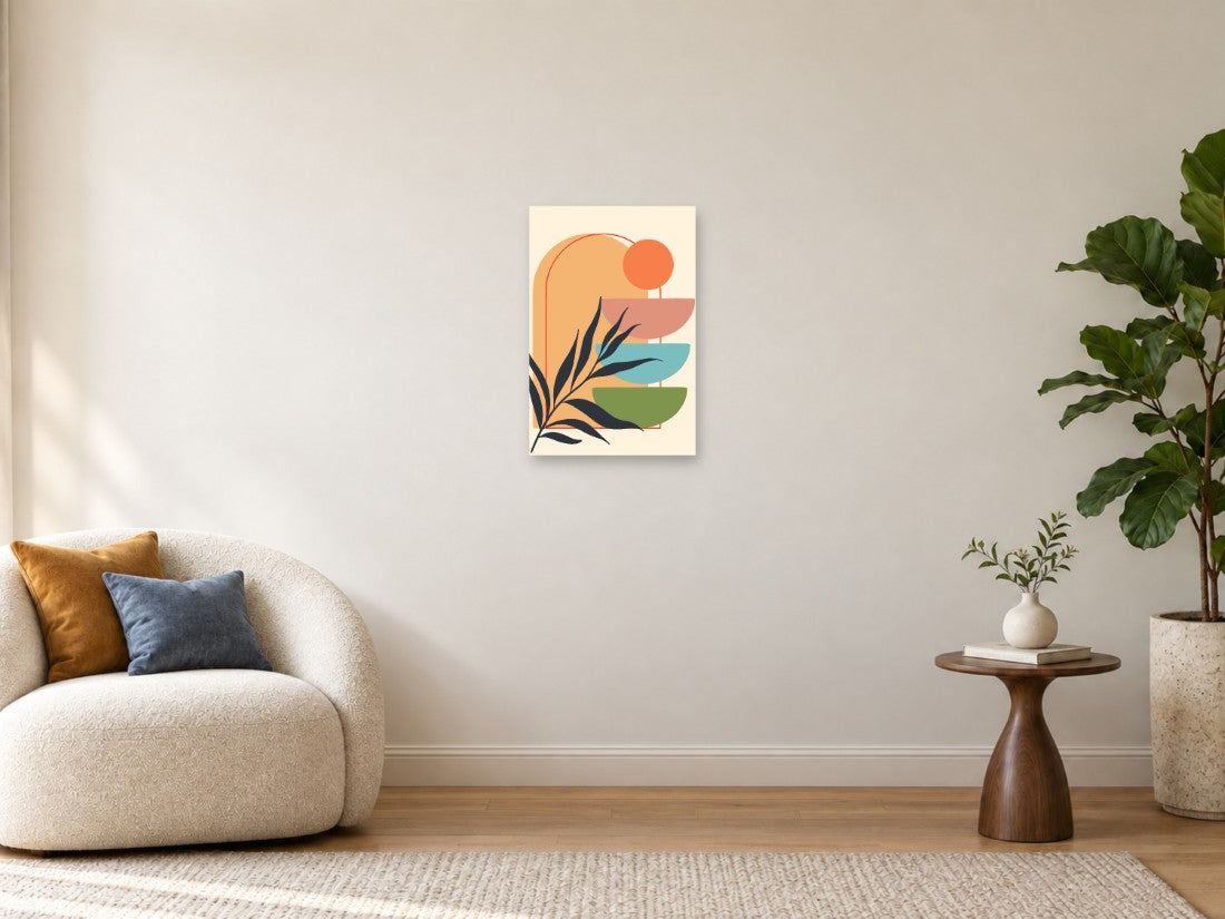 Tamna grana ispred narandžastog luka i oblih ploha — Mala 40 × 60 cm, prikaz slike na zidu u enterijeru.