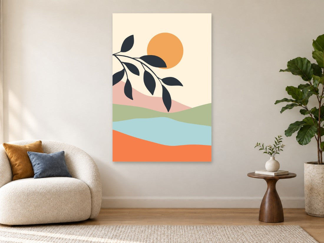 Sunce i tamna grana nad raznobojnim brežuljcima — Premium 90 × 135 cm, prikaz slike na zidu u enterijeru.